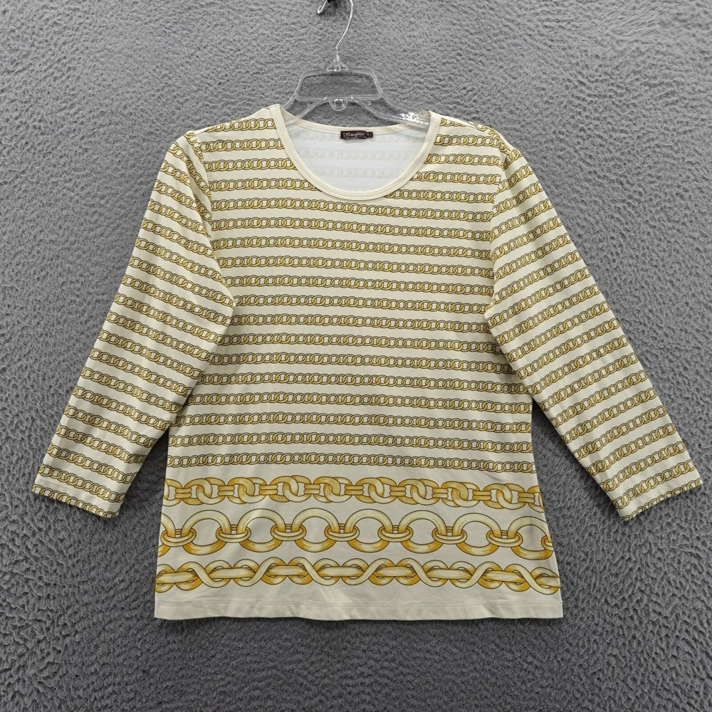 J McLaughlin Catalina Knit Top Large Ivory Yellow Chain‎ Womens 3/4 Sleeve